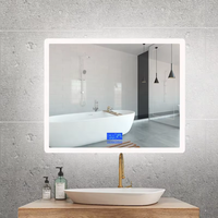 Miroir de salle de bain intelligent carré moderne pour hôtel, personnalisé, LED trois couleurs, gradation, anti-buée, 6 touches, haut-parleur, écran tactile