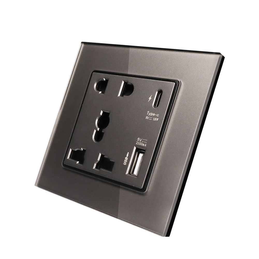 Gray glass universal wall socket with Type-c, electric wall socket with USB and C