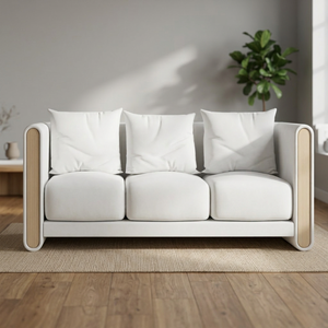 Canapé trois places minimaliste avec revêtement en tissu et accoudoirs en bois pour salon - Product Image 4