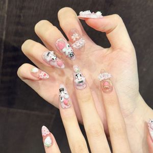 Lot de 10 <span class=keywords><strong>faux</strong></span> <span class=keywords><strong>ongles</strong></span> artisanaux réutilisables roses Kawaii 3D Ours Lapin Fraise Fleur, personnalisables avec logo - Product Image 5