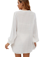 Robe de bain longue en maille extensible de couleur unie couvrir la protection solaire robe de plage d'été tissu recyclable maillot de bain à col en V pour les femmes
