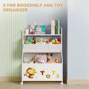 Toy <b>Storage</b> Organizer with Wheels- 3-Tier Kids LargeToy <b>Chest</b> <b>Storage</b> for Boys Girls Kids Bookshelf with 3 Fabric Toy Boxes - Product Image 4