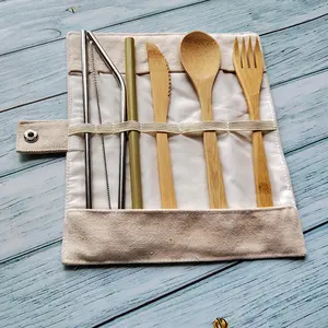 Juego de <span class=keywords><strong>Cubiertos</strong></span> de Bambú Reutilizables 100% Biodegradables con Bolsa para Restaurante, en Oferta - Product Image 1