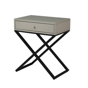 Koda 23 In Taupe Wooden End <b>Table</b> With Glass <b>Top</b> <b>Drawer</b> Metal Cross Base - Product Image 2