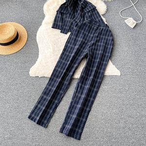 2025 더블 브레스트 격자 무늬 레이스 업 탑 블레이저 정장 세트 여성 사무실 - Product Image 3