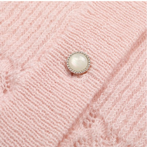 Cárdigan de punto calado rosa para mujer, suéter de manga larga, top de color liso, ropa exterior de algodón - Product Image 3