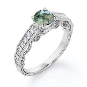 Handmade <b>Moss</b> <b>Agate</b> Moissanite Classic Geometric Engagement <b>Ring</b> 925 Sterling Silver Prong Setting <b>Ring</b> - Product Image 2