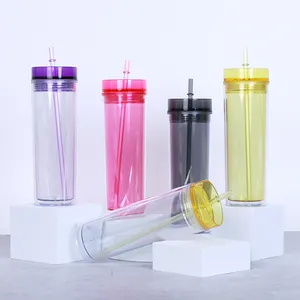 Biểu Tượng Tùy Chỉnh Cấp Thực Phẩm BPA Miễn Phí Đôi Tường Rõ Ràng Trong Suốt Trang Trí Cứng Cốc Nhựa 16 Oz Acrylic Cốc Với Rơm