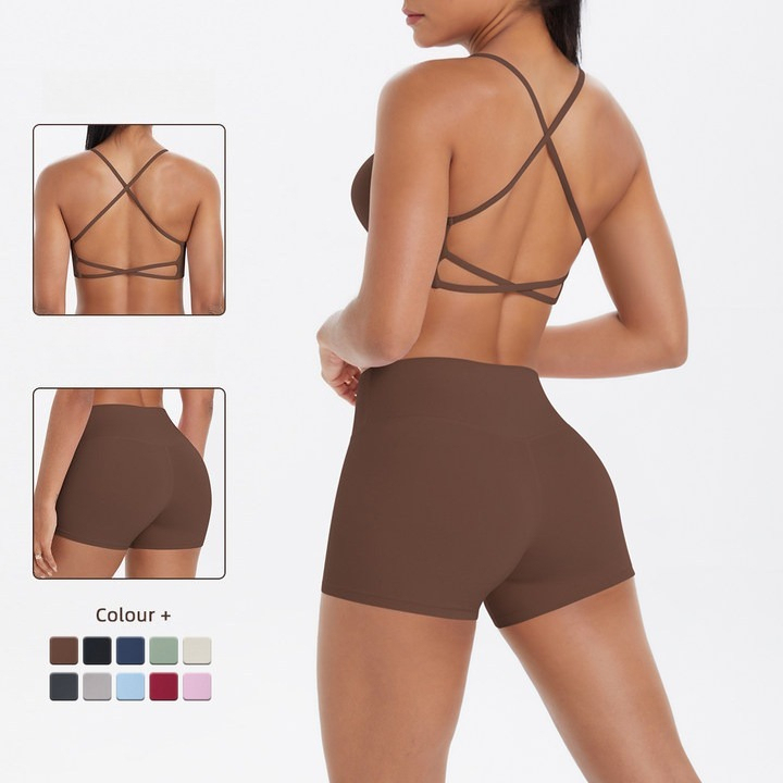Support Custom Logo New Sports Bra Set Women Cross Back Padded Bra High Waist Butt Lifting Shorts Yoga Gym Running Activewear