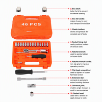 Boîte à outils en plastique OEM chromée de qualité industrielle, kit de 46 pièces avec clé à douille 1/4, cliquet, rallonge et barre de torsion pour vis et boulons
