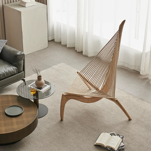 Fauteuil Harpe Moderne du Milieu du Siècle en Bois Massif, Fauteuil d'Appoint Sculptural de Designer avec Corde pour Salon et Hall d'Hôtel - Product Image 2