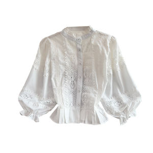 Chemise décontractée rétro à col montant, à simple boutonnage, avec dentelle, manches lanternes amples, veste pour femme, taille étrangère - Product Image 5