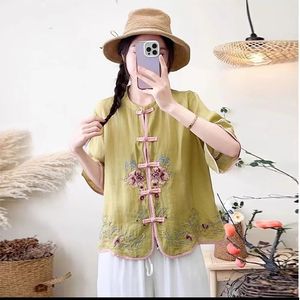 Women's Cotton Linen Shirt Rose Pink Chinese Embroidery Folded Buttons Loose Fit Breathable Everyday Wear - Product Image 3