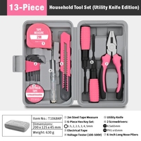 Kit ménager en acier au carbone rose Vetex, 13 pièces |   Kit de réparation domestique portable DIY avec poignées de tournevis |   Boîte à main compacte pour tous les jours