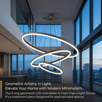 Lustre LED moderne de luxe 40 60 80cm à 3 anneaux 80W avec télécommande sans fil, en aluminium noir, intensité variable, hauteur réglable