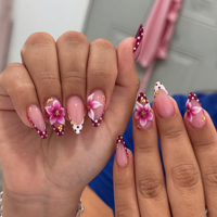 Druk-op nagels wijnrood Franse stippen 3D stereo bloemen nagelkunst, herbruikbare verwijderbare kunstnagels populaire verkoop