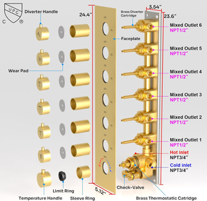 Système de douche LED mural HONGDEC en laiton brossé doré non revêtu avec télécommande, jets de corps et <span class=keywords><strong>douchette</strong></span> à main – Ensemble complet - Product Image 4