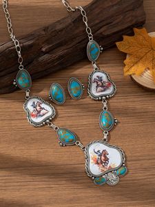 Conjunto de Joyería <span class=keywords><strong>Vaquera</strong></span> Retro al por Mayor, Nuevo, de Aleación con Turquesa, Estampado de Caballo y Vaquero, Collar Largo y Pendientes Colgantes, Set de 2 Piezas - Product Image 4
