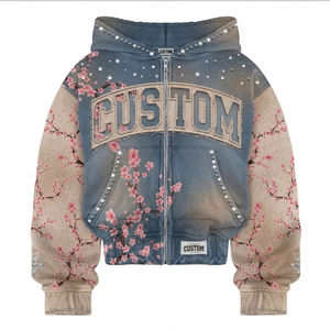 Custom Acid Wash Heavy Weight Oversized Hoodie Mens Rhinestone Patch Embroidery <b>Zip</b> Up Hoodie Vintage Streetwear Hoodie Unisex - Product Image 2