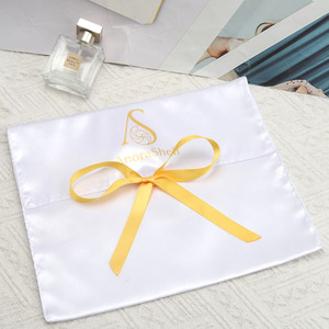 Custom Logo <b>White</b> Satin <b>Envelope</b> Silk Bag with Bow Wigs Hair Extensions Packaging for Jewelry Shoe Pouch Clothes Flap Dust Bag - Product Image 3