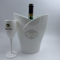 Seau à glace en plastique blanc pour champagne, prosecco, présentoir à boissons avec 2 verres à vin en plastique