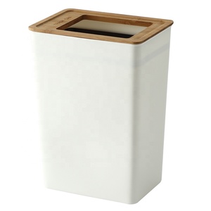Nordic rectangle plastic wooden waste trash bin with wooden lid / cover
