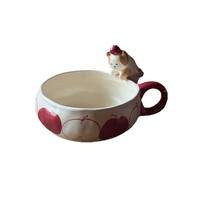 Bol en céramique de style américain, dessiné à la main au Japon, avec motif de chat en relief sous glaçure, idéal pour le petit-déjeuner et les salades.