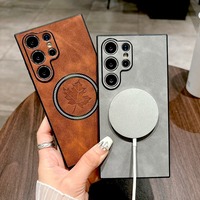 Étui de téléphone magnétique en cuir PU texturé peau d'agneau antichoc avec motif feuille d'érable pour Samsung S26 S25 S24 S23 S22 Ultra