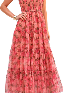Elegante Vestido Maxi de Gasa con Estampado Floral y Mariposas para Verano, Cuello Cuadrado, Silueta en A, Transpirable, con Busto Fruncido para Mujer - Product Image 3