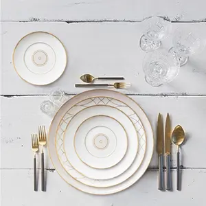 Hot selling shiny gold matt gold ceramic luxury serving plate wholesale gold rim fine bone china dinnerware sets