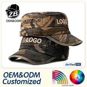 Custom Logo High Quality Camo Baseball Cap Flat <b>Top</b> Camouflage Work Hat Washed Cotton <b>Distressed</b> Cadet Hat for Outdoor - Product Image 1