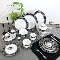 Vente en gros de vaisselle en céramique assiette bol à fleurs noir nordique personnalisée ensembles de vaisselle de restaurant en porcelaine