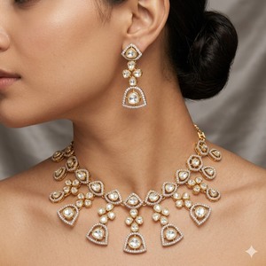 Traditional Kundan 925 <b>Silver</b> Necklace Gold Bridal Jewelry with Earrings Pear Cut Bezel Setting Womens Wedding Jewelry - Product Image 4