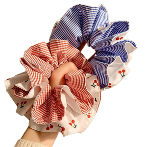 Elastici per capelli a doppio strato in stile coreano con motivo scozzese e ciliegie, elastici grandi a righe rosse e blu, fasce per capelli alla moda per donna - Product Image 1
