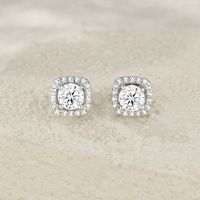 Boucles d'oreilles clous en argent sterling 925 avec moissanite 3 carats pour femme, sertissage micro-pavé halo coussin, boucles d'oreilles diamant moissanite