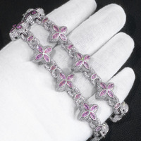 Collier chaîne en laiton avec fleur rose et zircone cubique marquise, style hip-hop, plaqué or blanc, pour femme et fille