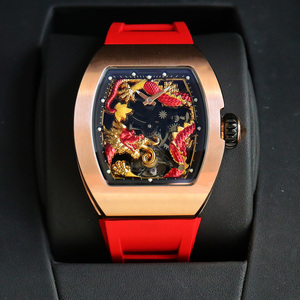 Luxury Hollow Mechanical Watch 3D Dragon Relief Gold Oval Sapphire Crystal Waterproof Pointer Red Silicone Strap Designer Style - Product Image 3