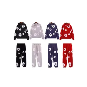 Designer Custom Logo OEM Printed Breathable Product Pure Cotton Denim Puff Printed Tear Sport hoodies sweatpants Set