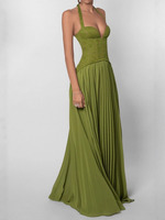 Robe longue élégante Joydressing vert olive à col halter, sexy, avec corset en dentelle et plissée, pour soirées et fêtes, vente en gros, fournisseur personnalisé