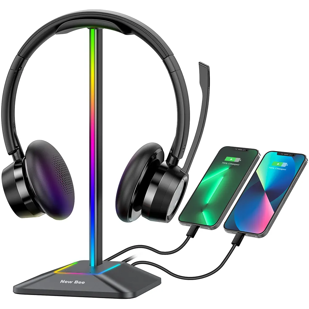 New Bee NB-Z8 New Design Multi-Color Led Light Gaming Head Phone Stand Headset Holder RGB Headphone Stand With Usb Charger