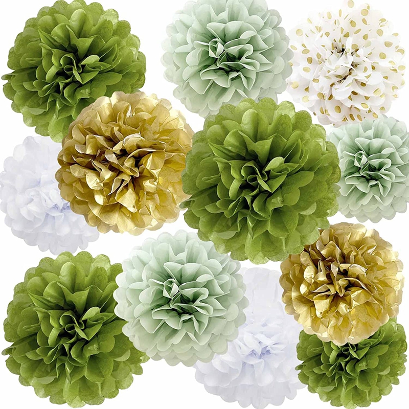 Olive Sage Green Neutral White Gold Flowers Wall Hanging Tissue Paper Pom Poms For Party Decorations