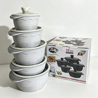 Nouveauté 10 pièces Ensemble de casseroles et poêles en aluminium antiadhésif en granit avec couvercle en verre et silicone