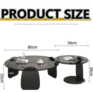 סט של 2 שולחנות קפה עגולים עם משטח זכוכית בצבע ענבר ובסיס עץ שחור לסלון - Product Image 2