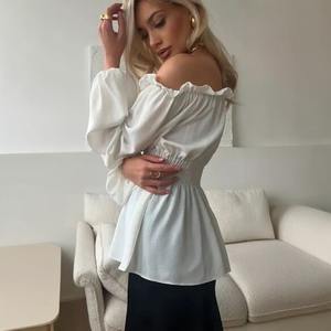 Off Shoulder Long Sleeve Blouse Women Ruffled Puff Sleeve Fitted Waist Elastic Top Everyday Wear White Shirt - Product Image 2