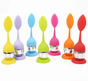 100%Food Grade Silicone Leaf Shape Handle and Stainless Steel Bottom Tea Infuser Strainer with a Drip Tray