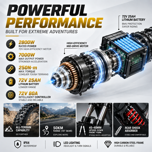 มอเตอร์ไซค์วิบากขับเคลื่อนกลาง 7000W 72V ความเร็ว 80 กม./ชม. พร้อมแรงบิด 250 นิวตันเมตร ระบบกันสะเทือนเต็มรูปแบบ - Product Image 3