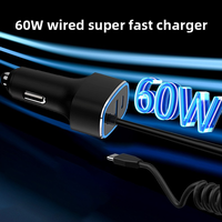 Chargeur de voiture USB C 3 en 1 60W, adaptateur de charge rapide avec câble Type C enroulé de 1,6 m, PD30W QC18W pour véhicules 12V 24V