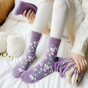 Women's <b>Winter</b> Mid-Calf <b>Socks</b> Thickened Purple Floral Pattern Warm Sleep <b>Socks</b> For Autumn And <b>Winter</b> - Product Image 2