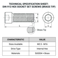 304 Stainless Steel Brass Tip Set Screw M3-M16 Hex Socket Grub Screw for Precision Positioning and Non-Marring Locking