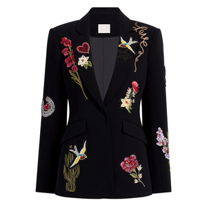 Blazer Negro Personalizable para <span class=keywords><strong>Mujer</strong></span>, Adornado con Bordado Floral de Corazón y Pájaro - Product Image 1